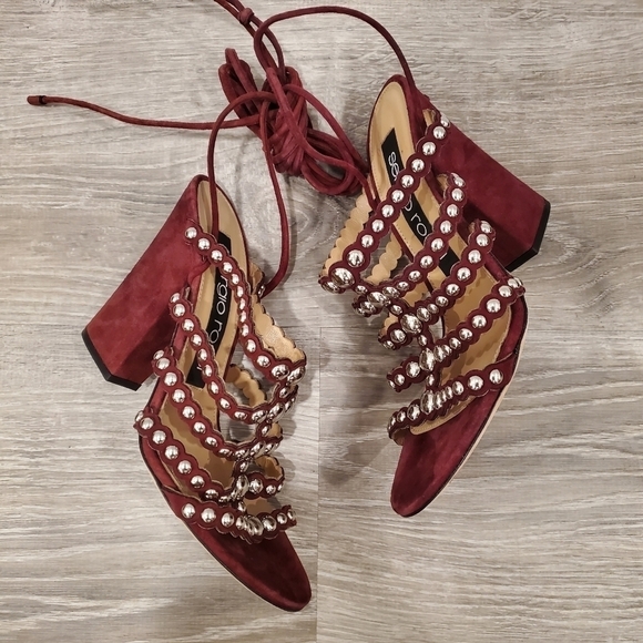 NEW SERGIO ROSSI Elettra Studded Suede Block Heel Sandals In Cherry - Picture 5 of 8